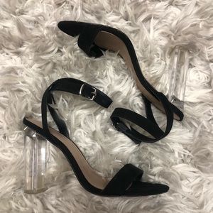 BOGO strappy black heels w clear heel